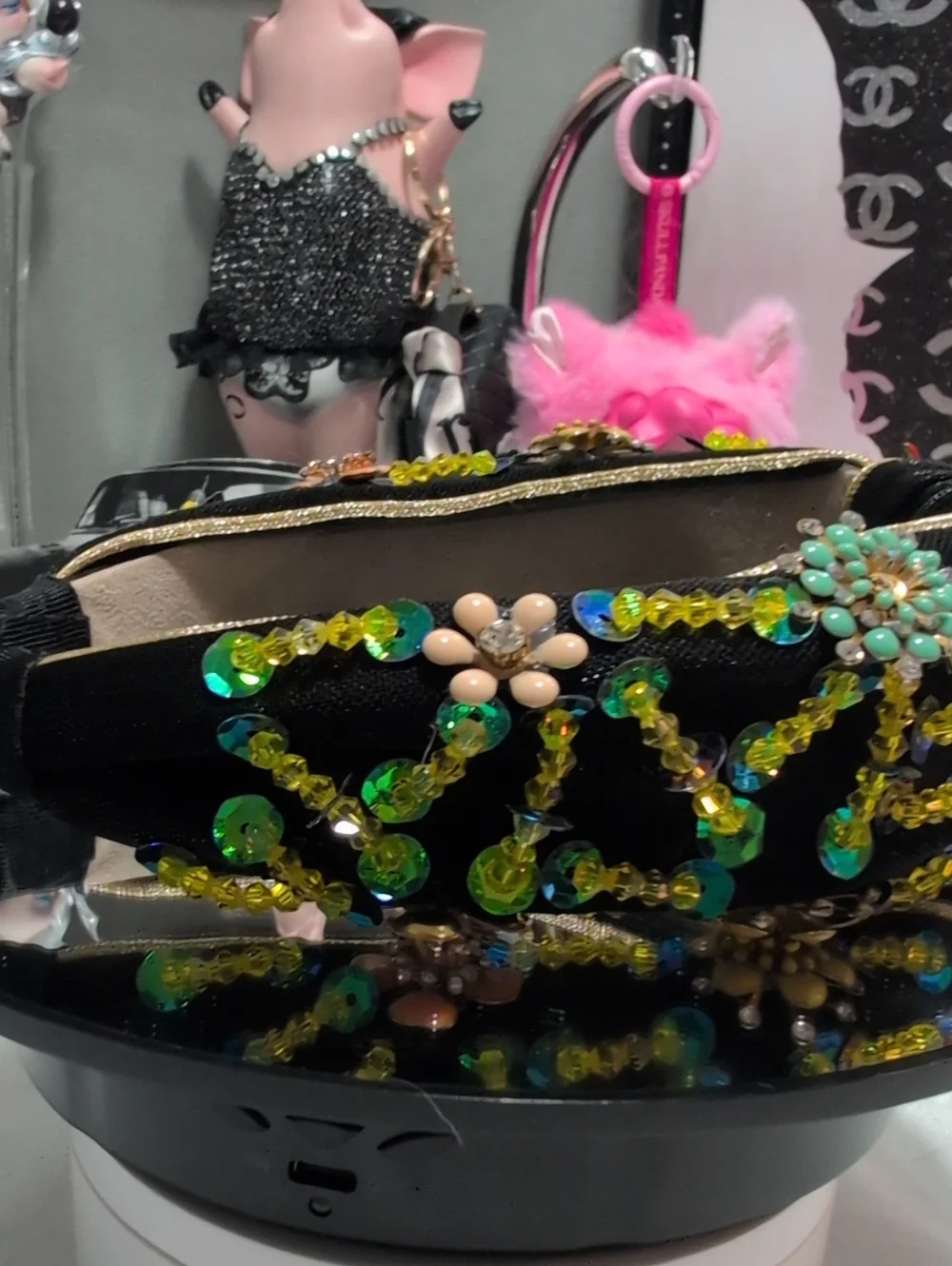 Elegant Black & Gold Head Band With Multi Colored Sequins, Flowers and Crystals